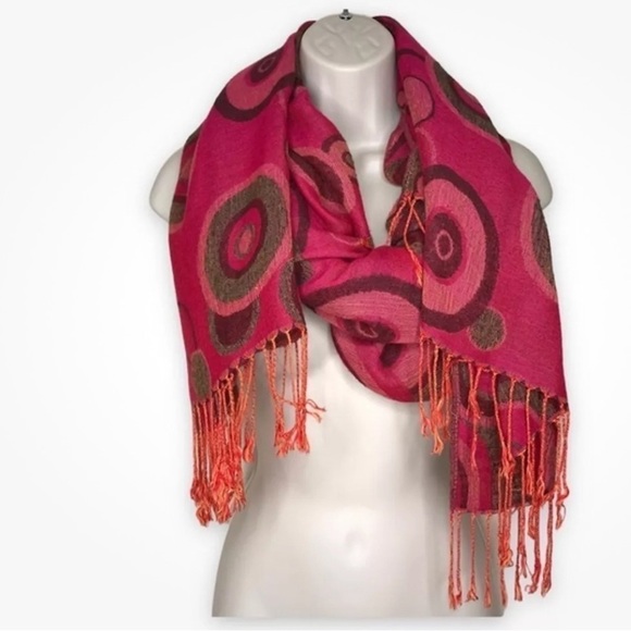 Pashmina silk Reversible Circle Dots fringed pink brown Gold Scarf Approx 69x27 - Picture 3 of 14
